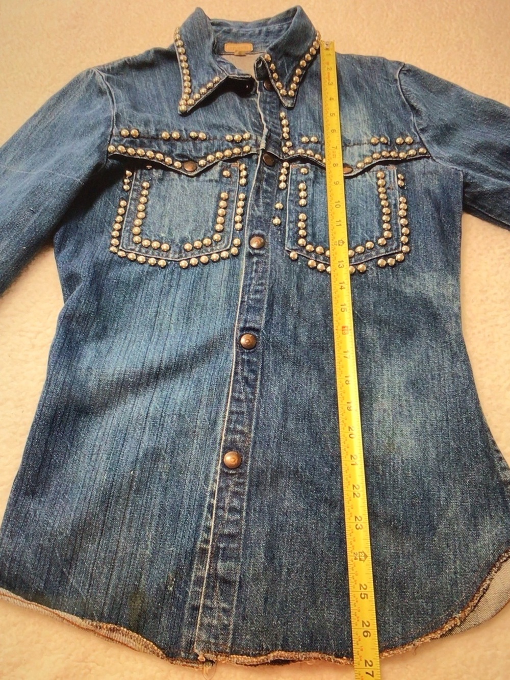 VTG Inega Studded Blue Denim Shirt - Women's Blouse - Picture 5 of 7